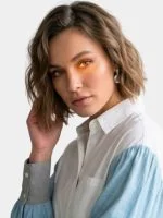 Color-Block Puff Sleeve Shirt Dress with Ruffled Hem - Image 5