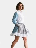 Color-Block Puff Sleeve Shirt Dress with Ruffled Hem - Image 4