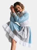 Color-Block Puff Sleeve Shirt Dress with Ruffled Hem - Image 3