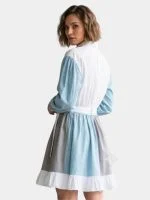 Color-Block Puff Sleeve Shirt Dress with Ruffled Hem - Image 2